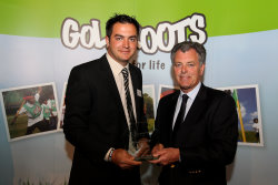 Matt Conner receives Sinclair Award from Bernard Gallacher (courtesy of Andy Reddington at Getty Images)