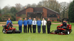 From left: Rookery Park Golf Club greenkeepers Chris Paterson, Richard Parry, David Beamish and Glen Halliday, club secretary Richard Jones, course manager Mark Henderson, Lely’s Julian Copping, Roger Nicholson from Stalham Engineering Limited and greenkeeper Ben Wallis.