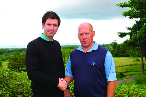 Ayden Roberts-Jones, the Duke’s club professional, left, with GolfSwitch’s Jo Maes.