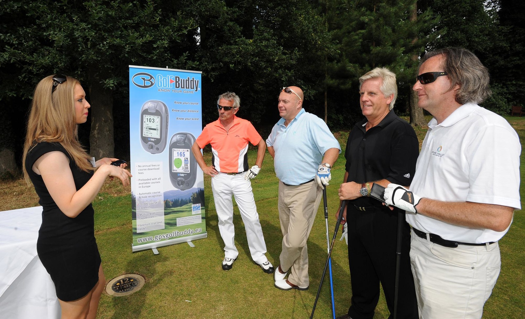 ITV Sport anchorman Steve Rider (second from the right) and his team prepare to use GolfBuddy Tour in the Justin Rose Charity Golf Day.