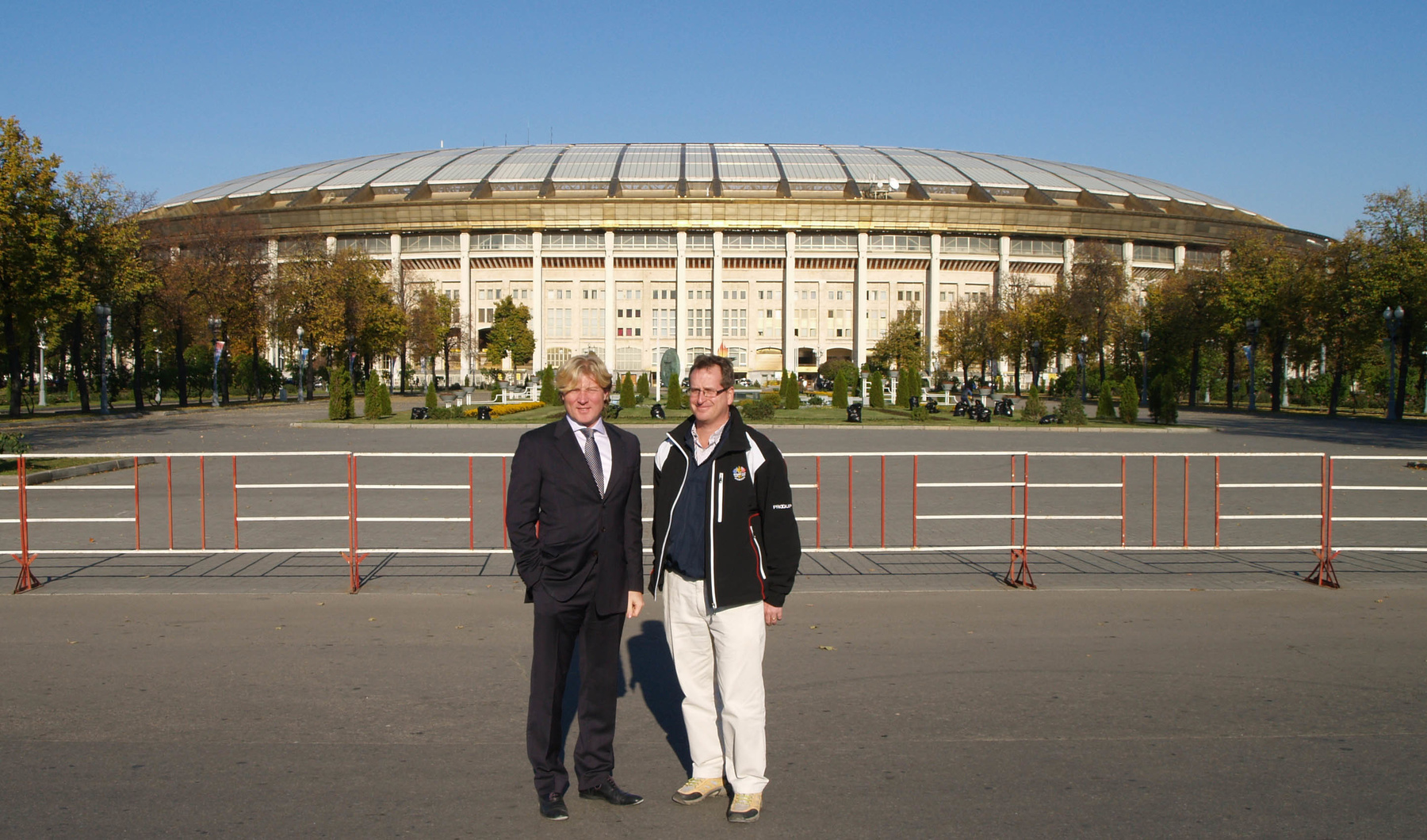 (from left) Dimitry Aleshin with Tim Lobb at the Luzhniki Olympic Complex, Moscow.