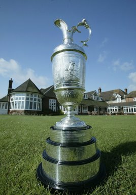 The Open Championship Trophy in front of the Royal St George's Clubhouse (Photo by David Cannon/Getty Images)