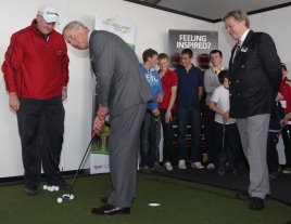 The Prince of Wales practices putting during an official visit prior to the 2010 Ryder Cup at the Celtic Manor Resort.  (Photo by Andrew Redington/Getty Images) 