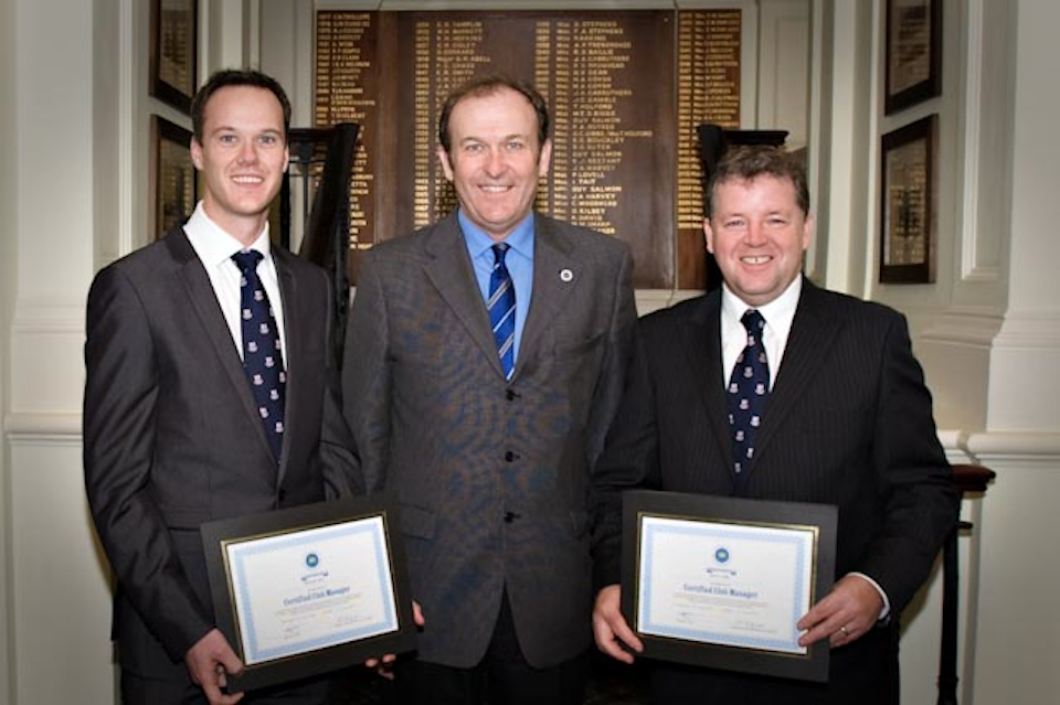 Tristan Hall, General Manager of Aldiwckbury Park and Redbourn Golf Clubs (left) and Burhill Golf Club General Manager David Cook (right) receive their CCM certificates from Jerry Kilby (centre).