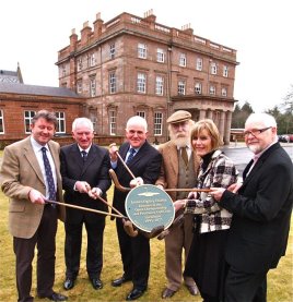 From left Links Association President, Brian Keeting; Malcolm Campbell; Jim Mather, MSP; 'Old Tom Morris' aka David Joy; Provost Winifred Sloan of South Ayrshire Council and architect Willy Finlater