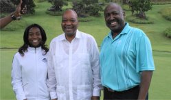 President Jacob Zuma  with (left) Eva, Golf Professional, Legend Golf & Safari Resort and Thabiso, Sales Executive for Africa, Legend Lodges, Hotels & Resorts