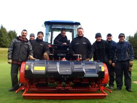 Proud owners of their new Wiedenmann Terra Spike GXi8 HD are the greenkeeping staff at Bonnyton Golf Club, Eaglesham, Glasgow.  left –right, Gavin Hopkins, Brian Clare, Ross Monaghan, course manager, Stuart MacDonald seated in tractor,  Sales Executive Gareth Rodgers from Scottish Wiedenmann dealers Fairways GM, Scott Wright, David Wilson and Martin Clarke.