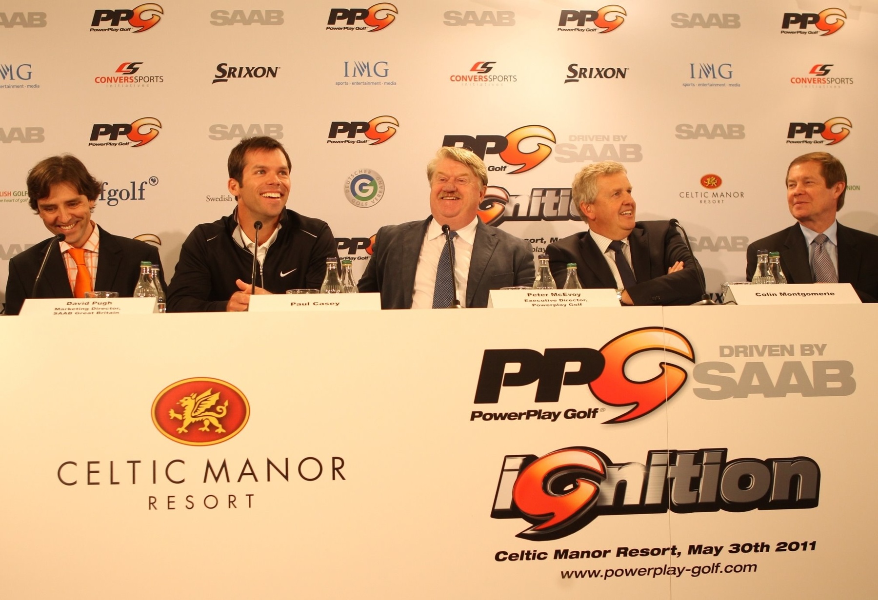 (from left) David Pugh, Saab; Paul Casey; Peter McEvoy, Executive Director; Colin Montgomerie; George O'Grady