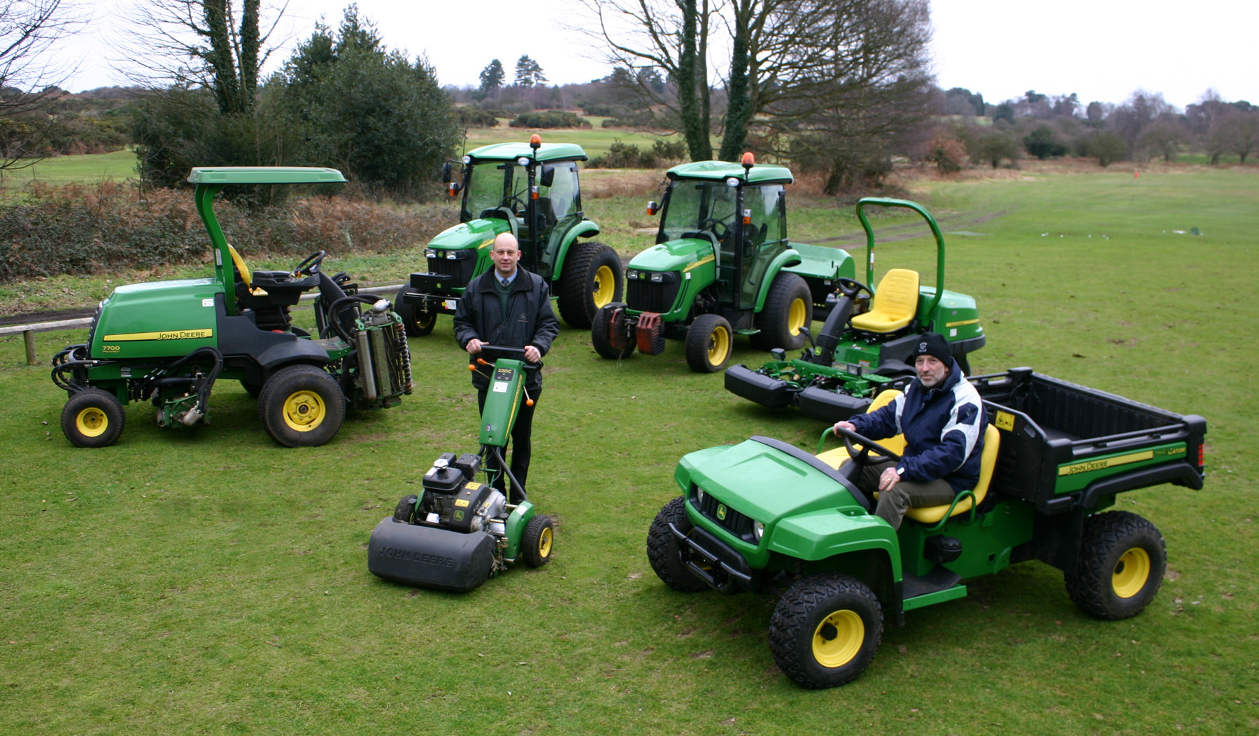 Aldeburgh course manager Mark Broughton (seated in the Gator) with dealer Adrian Brown of Tomlinson Groundcare 