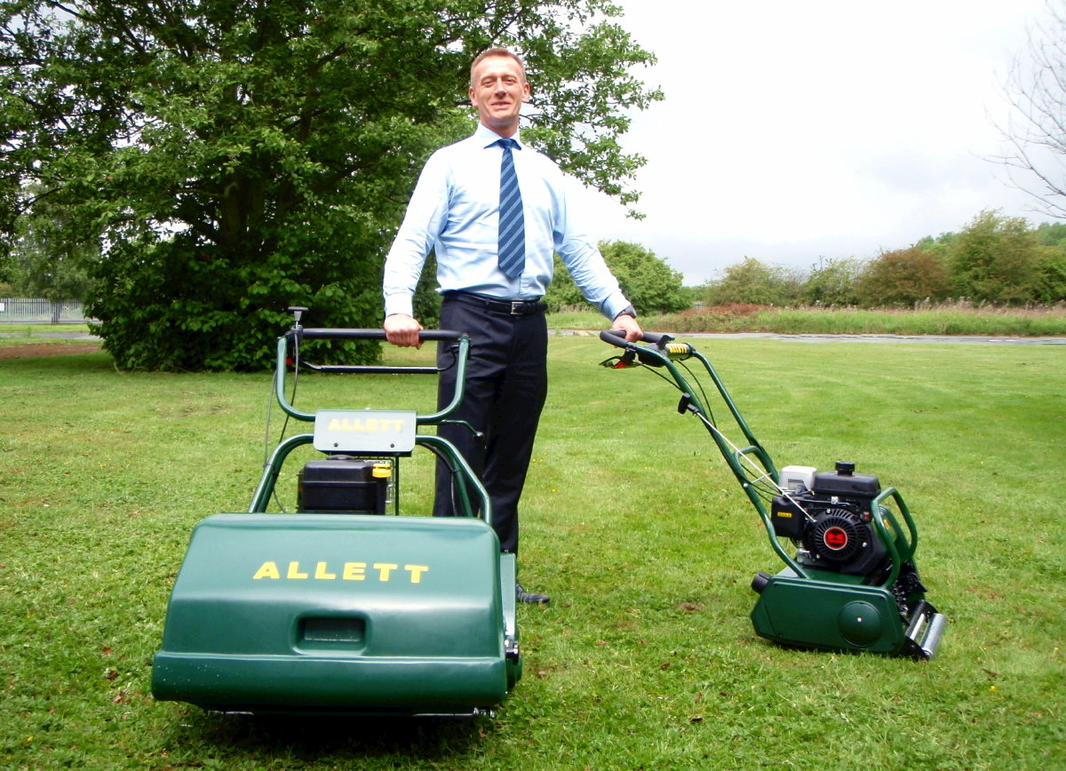 Austin Jarrett, managing director of Allett parent company, Turfmech Machinery, with former Atco and Suffolk Punch cylinder mowers that will carry the Allett brand name from 2012 onwards. New model names for the Allett-manufactured and branded mowers will be announced in due course.