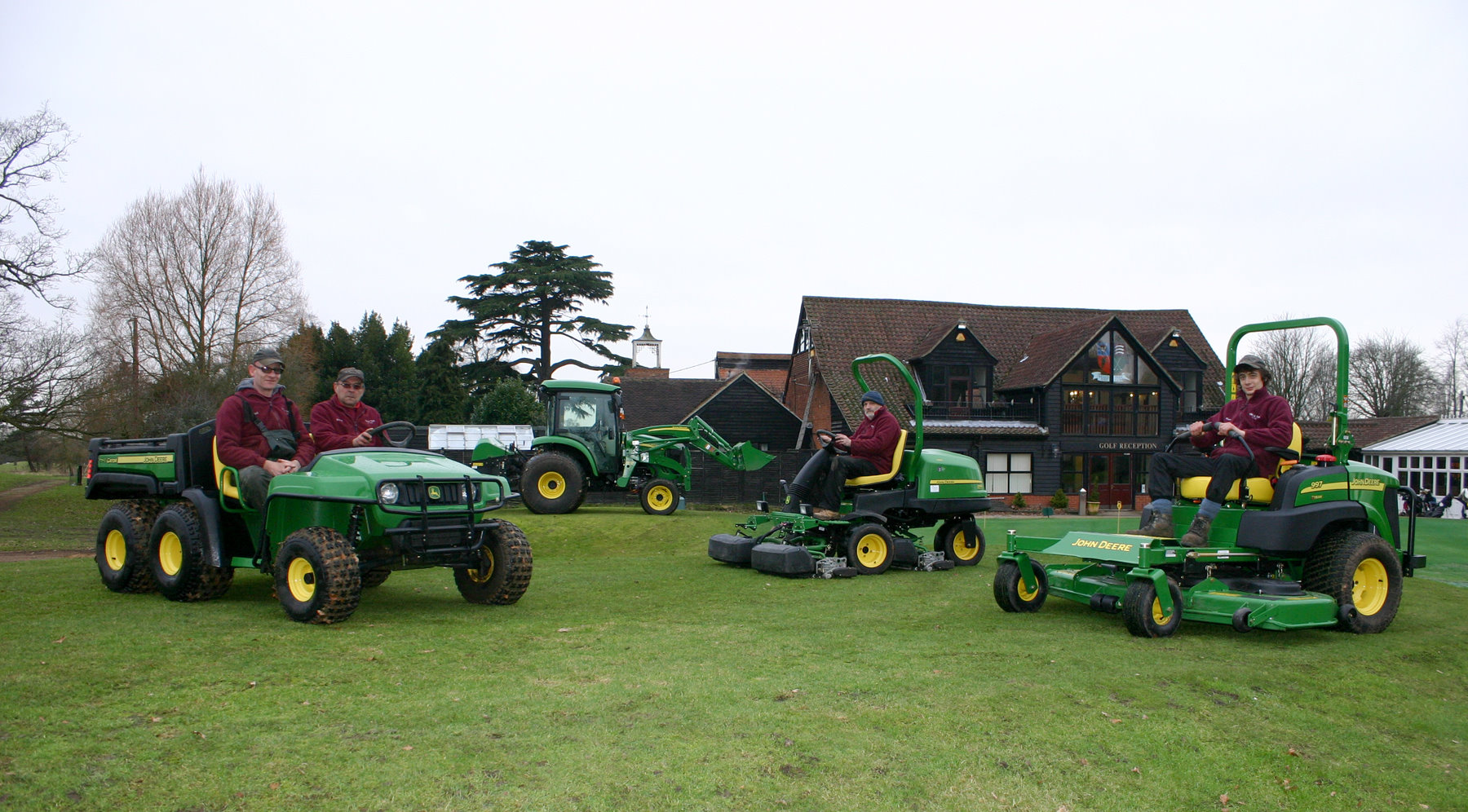 Weald Park head greenkeeper Keith Eastell (seated right in the Gator) had a hand in the clubhouse’s design, having come to greenkeeping after a career as an architect.