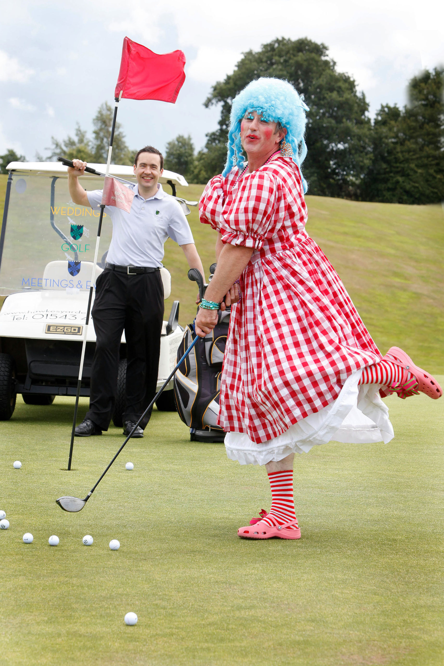 Golfer Pete Till getting into the swing for Dress Down Friday with St Thomas’s Priory Golf Club director of golf Phil Gibson.