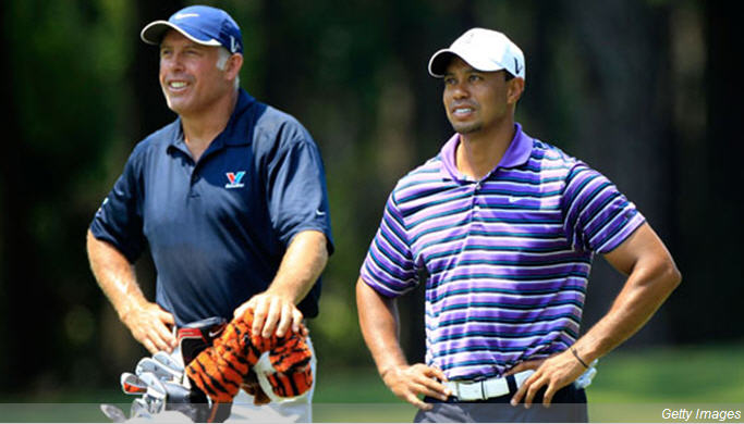 Steve Williams (left) with Tiger Woods