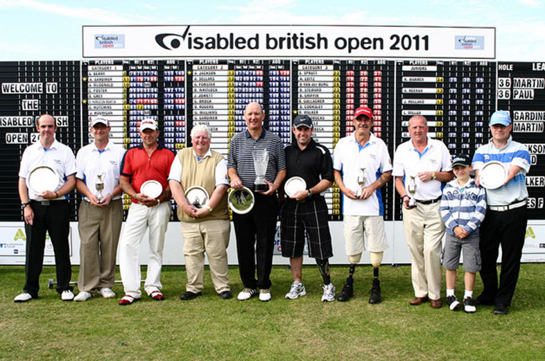 From left to right: Robert Paul, runner-up overall gross championship and third place in Category 1; Andy Gardiner, winner, Category 1; Steve Haxton, third, Category 2; Keith Wallace, runner-up, Category 3 Stableford; Duncan Hamilton-Martin, runner-up Category 1 nett and winner of the overall gross championship; Scott Richardson, third place, Category 3 Stableford; David Walker, winner, Category 3 Stableford; Alan Jackson, winner, Category 2; Taylor Lloyd, son and caddie of Tony Lloyd; Tony Lloyd, runner-up, Category 2.