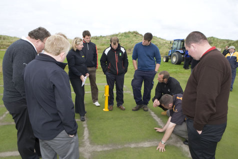 Jayne Leyland shows seminar attendees trial plots at the Castle Course as Barenbrug’s 12-month roadshow reaches its final stop at St Andrews