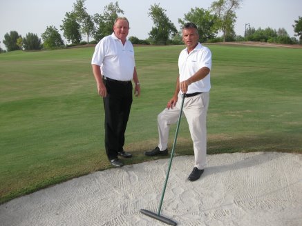 David Garland, Director of Tour Operations, European Tour, assesses conditions at the Earth course with Graeme MacNiven – Deputy Director of Tour Agronomy – during a recent visit to Jumeirah Golf Estates