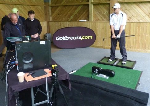 Amateur player Chris Hughman perfects his golf swing during the Tour Fit For Golf progress review in a specialist teaching bay at Foxhills Hotel & Resort