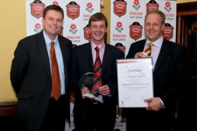 From left - David Spencer, Brands Marketing Manager, Fuller's, Scott Parker, London Pride EGU Steward of the Year 2011 and Craig Wagstaff, English Golf Union Finance Director (Copyright Ben Fisher)