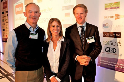 Colin Mayes, Burhill CEO (left) and Kelli Jerome, GEO Director of Programme Management (centre) make the announcement at the European Golf Business Conference, supported by Lodewijk Klootwijk, CEO of the EGCOA.
