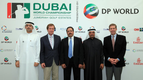 (l-r) Mohammed Sharaf, CEO of DP World, George O'Grady, Chief Executive of the European Tour, Sanjay Manchanda, Interim Ceo of Nakheel, Saeed Harib, Managing Director of Nakheel Marine and Leisure and Keith Waters, Chief Operating Officer of the European Tour at the announcement of a further three years of Sponsorship for the Dubai World Championship during the final round of the Dubai World Championship on the Earth Course at the Jumeirah Golf Estates on 11 December in Dubai