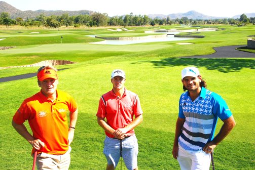 European tour pros Pelle Edberg, Alex Noren and Johan Edfors at the Black Mountain par-3 course; 