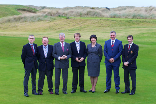 (L-R) Conor Mallaghan (Carton House), Richard Hills (Ryder Cup Director, European Tour), Redmond O'Donoghue (Chairman, Failte Ireland), George O'Grady (Chief Executive, European Tour), Arlene Foster (Tourism Minister, Northern Ireland Executive) Darren Clarke and Philip Tweedie (Captain, Royal Portrush) on the 18th green at Royal Portrush Golf Club after the announcement that the Irish Open will be played at Royal Portrush in 2012 and Carton House in 2013. (Photo by Patrick Bolger/Getty Images)