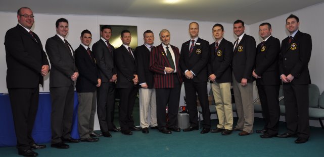 Stephen Bernhard (centre) is flanked by Andrew Mellon (l) and Jim Croxton (r) with members of the Bernhard delegation to next week's GIS in Las Vegas