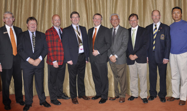 (from left) Alan Prickett, Jacobsen; Ross Perret, Society of Australian Golf Course Architects; Rick Phelps, American Society of Golf Course Architects; Jonathan Smith, GEO; David Withers, Jacobsen; Aylwin Tai, Club Managers Association China Chapter; Harley Kruse, Society of Australian Golf Course Architects; Jeff Howes, European Institute of Golf Course Architects; Lu Jun, Golf Course Architect