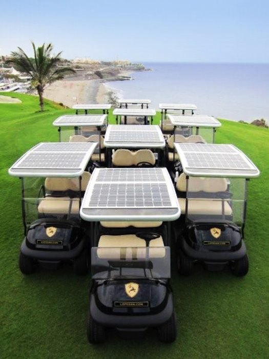 Solar-powered Club Car fleet at Lopesan Meloneras Golf (signature 13th hole)