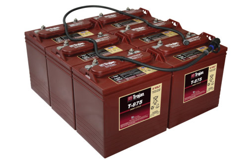 Typical golf car battery bank install image of Trojan T-875 batteries with HydroLink watering system attached