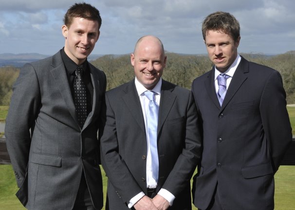 West Region Assistants of the Year Lee Marshall of Thornbury Golf Centre (left) and Mark Searle (right) of High Post Golf Club receive their awards from TGI Golf Partner Stuart Disney (Padbrook Park).