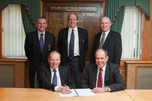 Director of golf operations Richard Latham, front left, signs Woodhall Spa’s renewed Toro deal, with Lely’s Jeff Anguige, front right. Back from left are courses manager Sam Rhodes, finance director Craig Wagstaff and Lely’s Nigel Lovatt.