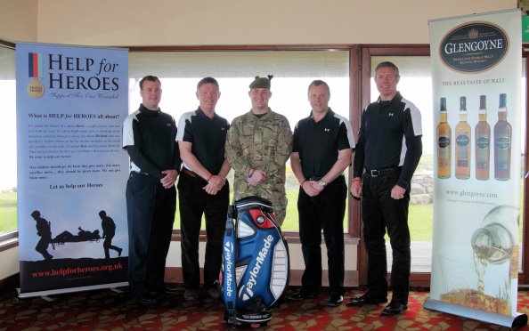 Rhodri Price (R&A), Alan Lawson (former Scotland scrum-half), Sergeant Craig Williamson (1 Scots), Neil Boyd (Glengoyne) and Gavin Hastings (former Scotland full-back) launch The Glengoyne Auld Enemy Diamond Jubilee Golf Day at Fairmont St Andrews