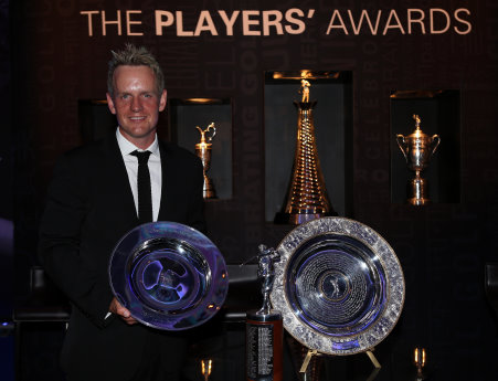 Luke Donald with the Golfer of the Year trophy, the Harry Vardon Trophy and the Players’ Player of the Year trophy (©Getty Images)
