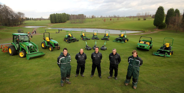 (L-r): Ben Rutter, first assistant Gary Baxter, head greenkeeper Chris Webb, Arthur Nettleship and Steven Winn with the new John Deere fleet at Mid-Yorkshire Golf Club.