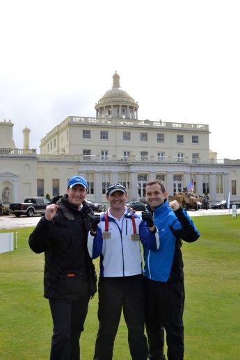 Ross Marshall, John Andrew and Andrew Harding with their London Marathon medals