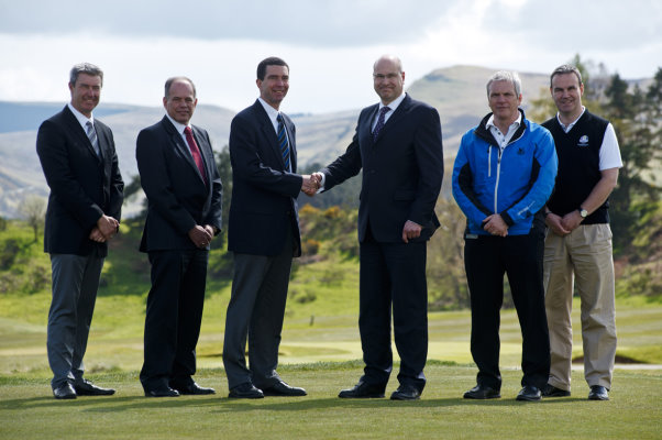 (l-r) The Toro Company’s Andrew Brown, Lely’s Toro national sales manager Jeff Anguige and The Toro Company vice-president Bill Brown, with Gleneagles’ finance director David Kemp, golf courses and estate manager Scott Fenwick, and director of golf Stuart McEwen.