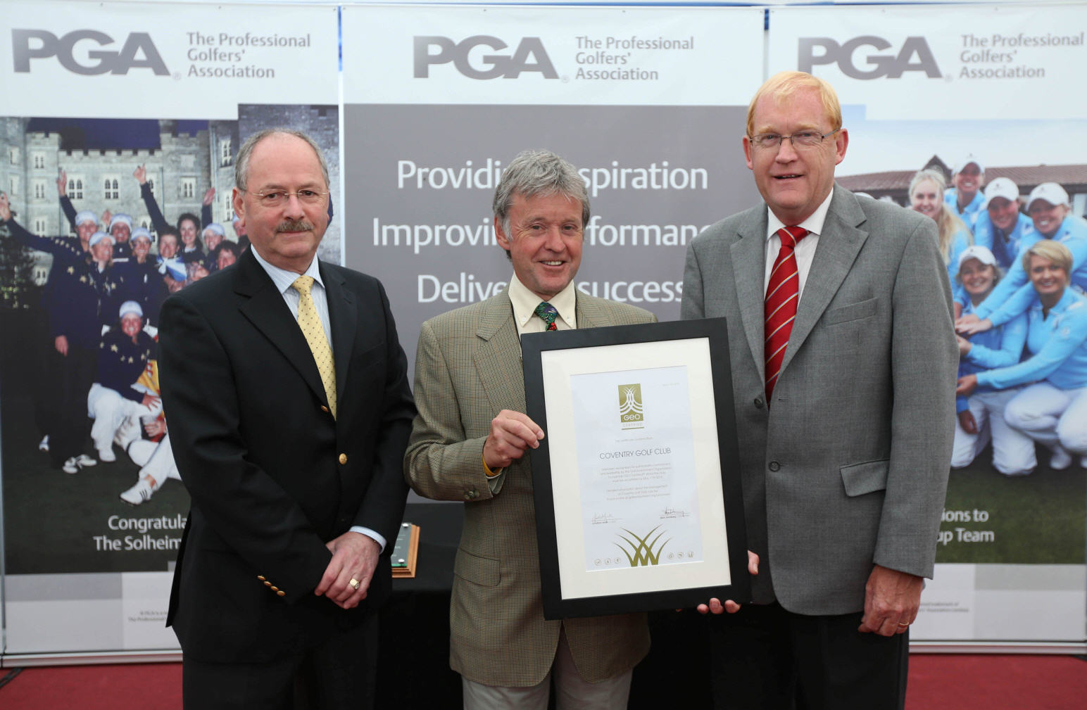 Phil Weaver OBE (left), Coventry Golf Club captain Keith Lindsay (centre) and GEO board member Gordon Shepherd (courtesy of Andy Redington at Getty Images)