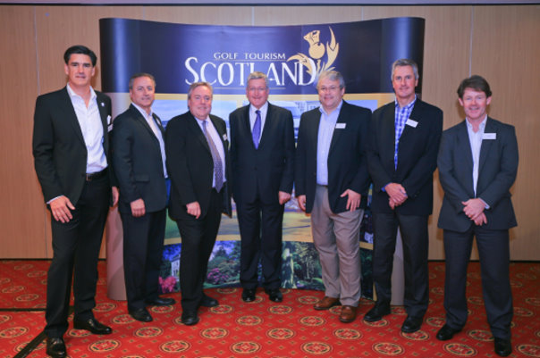 Speakers at The National Golf Forum: (l-r) Martin Suiter, Martin Suiter Consultancy; Stewart Walker, BTS; Malcolm Roughead, VisitScotland; Fergus Ewing MSP, Minister for Energy, Enterprise & Tourism; John Parker, Ryder Cup Travel Services; John Drysdale, GTS and Ian McCaig, Plan B