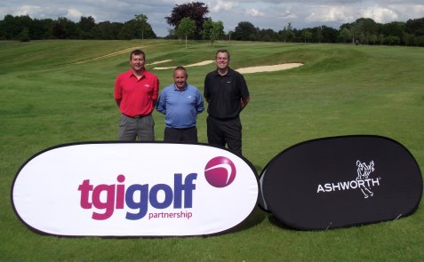 TGI Golf Partnership Ashworth Cup captain Tom Eckford (centre) congratulates team members Matt Paget (left) and Michael Brooks (right) following the Ashworth Cup qualifying event at Newbury & Crookham