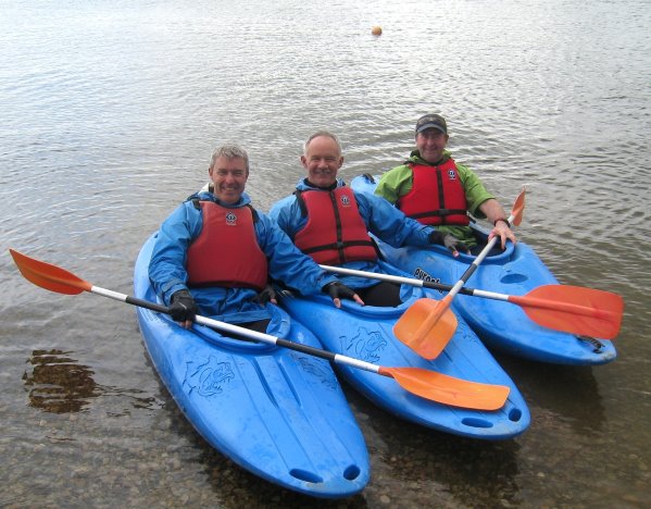 (From left) Andrew Brown, Colin Mayes and Jonathan Gaunt in training as they prepare to take the Great Glen Kayak Challenge to raise money for Macmillan Cancer Support.
