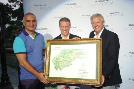 Colin Montgomerie (right) presents signed artwork of his signature Montgomerie Maxx Royal Course to CEO of the ETS Group, Mehmet Ersoy (left) with Ahmet Agaoglu, President of the Turkish Golf Federation (centre)
