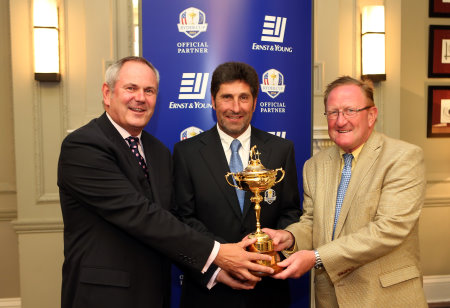 (l-r) Jim Bishop, Ernst & Young’s senior partner, Scotland, photographed with European Team Captain José María Olazábal and European Ryder Cup Director Richard Hills at The Gleneagles Hotel, host venue for The 2014 Ryder Cup. ©Getty Images