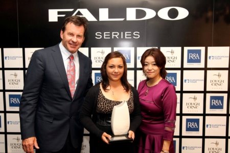Natalia Heckova (centre) with Sir Nick Faldo and Midori Miyazaki of ISPS during the 2011 Faldo Series Europe Grand Final at Lough Erne Resort