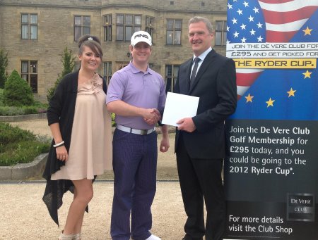 Jonathan Barber, with partner Jasmine, is congratulated by Sean Boyce, Slaley Hall Resort Managing Director.