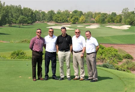 (l-r) Geoff Hunter (General Manager, Jumeirah Golf Estates), Graeme MacNiven (Deputy Director European Tour Agronomy Unit), Mark Tupliing (Course Superintendent Jumeirah Golf Estates), David Garland (Director of Tour Operations, European Tour) and Nick Tarratt (European Tour International Director – Dubai Office) on a pre-tournament inspection of the Earth course at Jumeirah Golf Estates,Dubai.