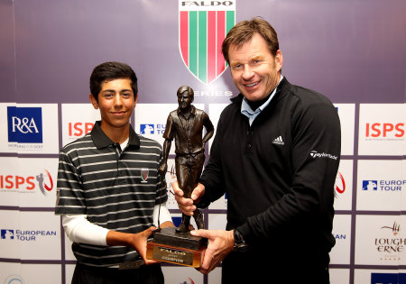 Jack Singh-Brar of England with Sir Nick Faldo during the sixteenth Faldo Series Grand Final at Lough Erne Resort in Northern Ireland
