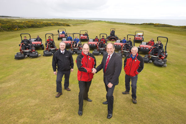 From left to right are Lely’s George Macdonald, Royal Dornoch general manager Neil Hampton, Lely’s Jeff Anguige and Eoin Riddell, with the greenkeeping team looking on