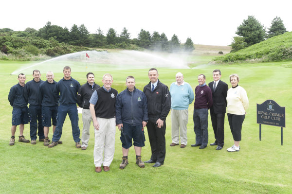 .Mark Heveran, centre front, pictured with Adrian Mortram from Robin Hume Associates, left, and Lely’s Robert Jackson, right; and back, from left to right, are four of the greenkeeping team, Nathan George from MJ Abbotts, greens committee chairman Mick Finn and committee member Philip Jones, club manager Gary Richardson and ladies’ captain Margaret Baxter