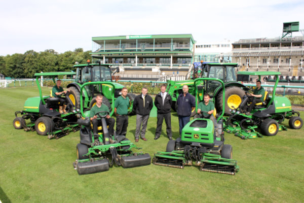 (Standing, left to right): Parklands Golf Club head greenkeeper Tom Alexander, John Deere’s strategic account manager Paul Trowman, Roger Stewart of John Deere dealer Greenlay and Newcastle Racecourse head groundsman Guy Woodward, with the golf club’s greenkeeping staff on their new mowers (seated, left to right): Martin Simpkin, Jamie Wales, Mark Voult and Justin King.
